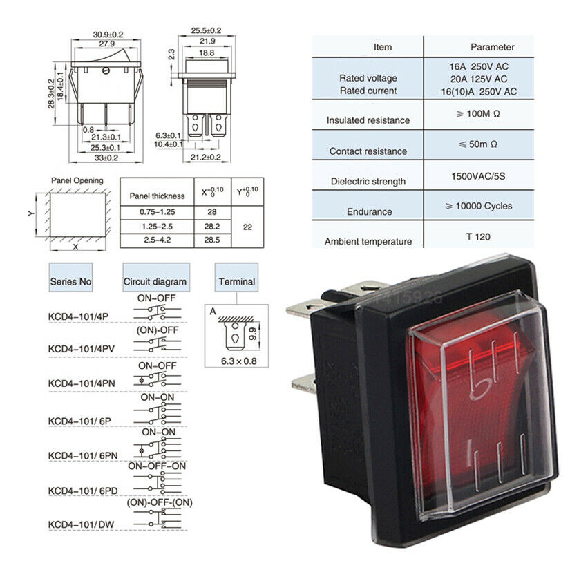 Waterproof Rocker Boat Switch AC 250V/15A 125V/20A Red Light DPST ON-OFF 4Pin