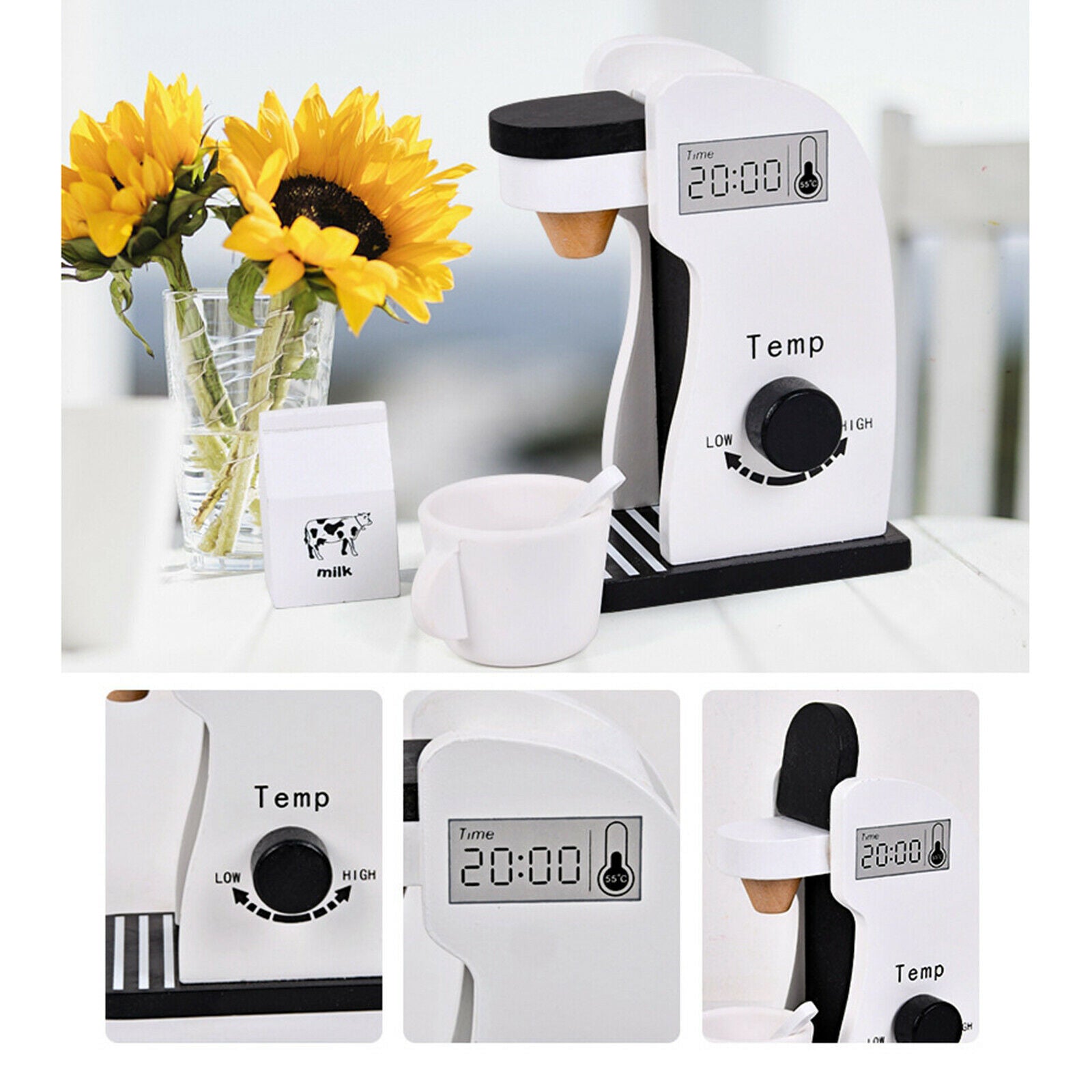 Small Food Wooden Toys Coffee Machine, Cups Milk Bottle Complete Playset for