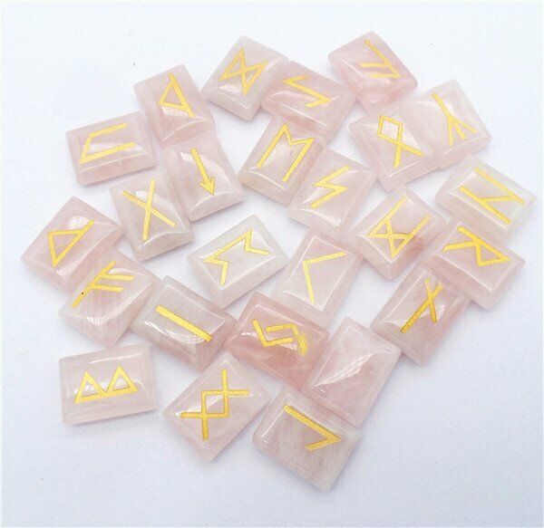 25Pcs/set 20x15x6mm Natural Rose Quartz Runes Set Healing Reiki Stones HH7709