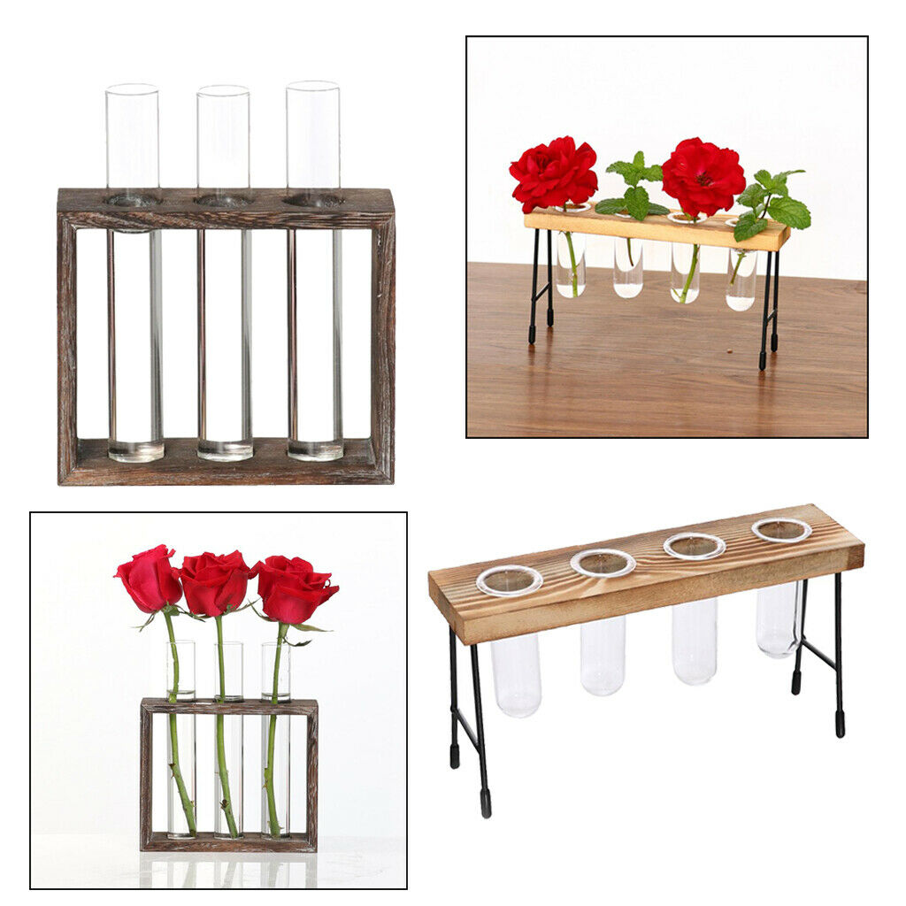 Lots 2 Tube Vase In Wooden Stand Glass Terrariumin Hydroponic Pot Planter