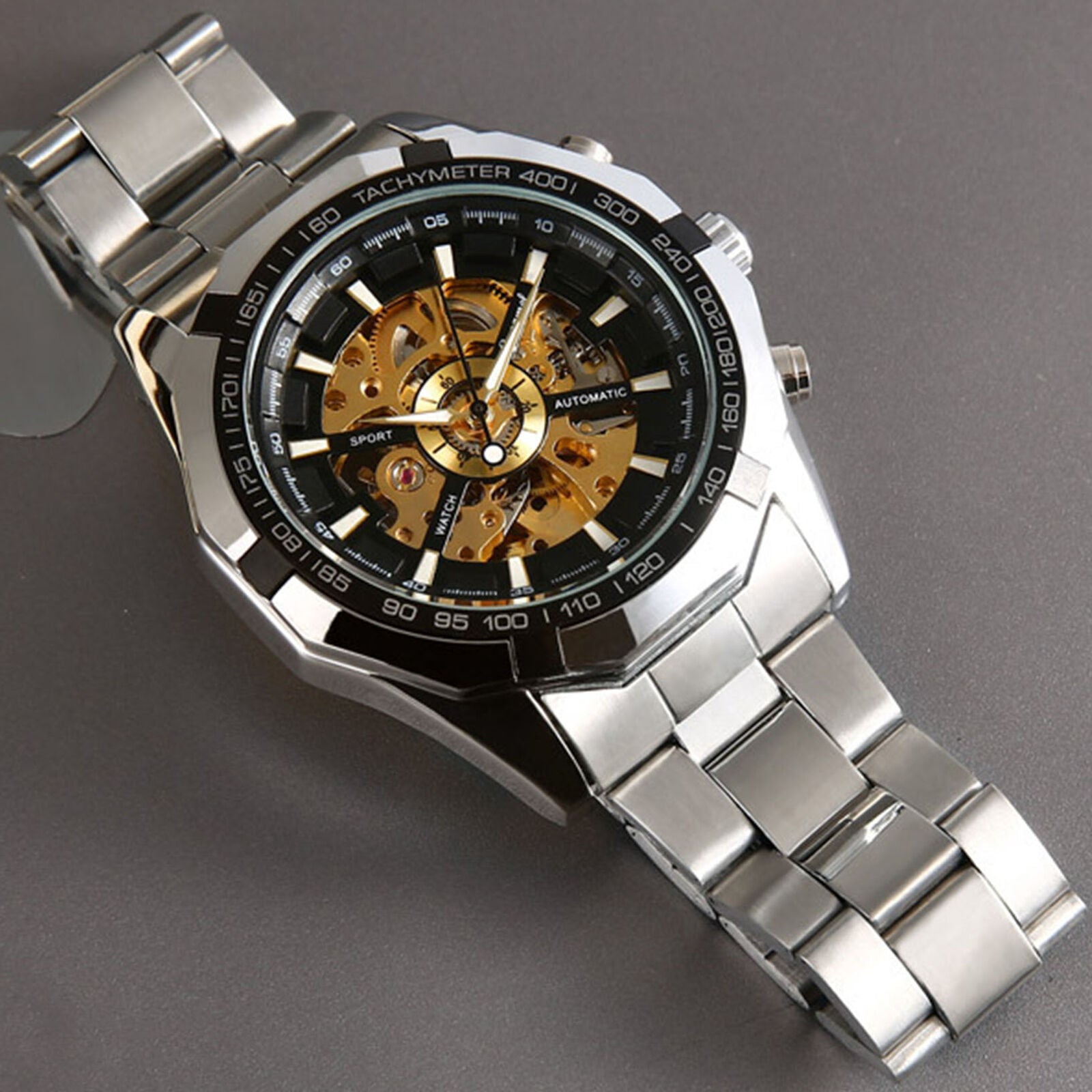 Skeleton Dial Automatic Mechanical Watch Men's Stainless Steel Band Wrist Watch
