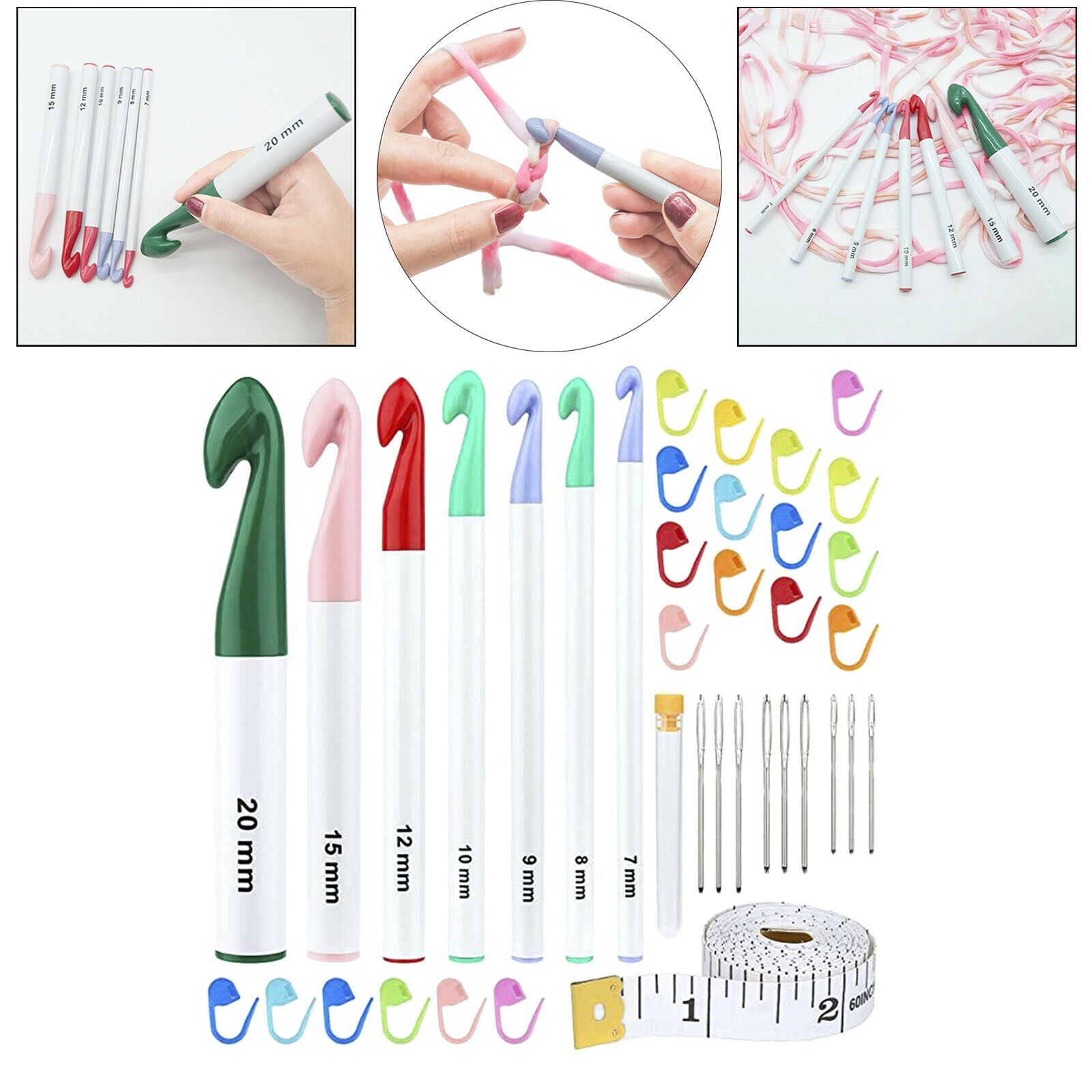 7 Sizes Crochet Hooks Kit Set Needles Ergonomic Grip Large-Eye Blunt Needles