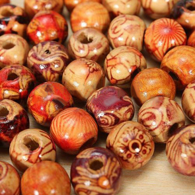 100pcs 9x10mm Tribal Patterned Wood Beads Mix Wooden Pony Bead Macrame