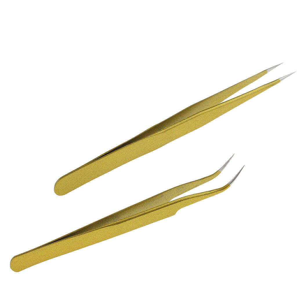 Stainless Steel False Eyelash Extension Tweezers Clip Curved + Straight Head