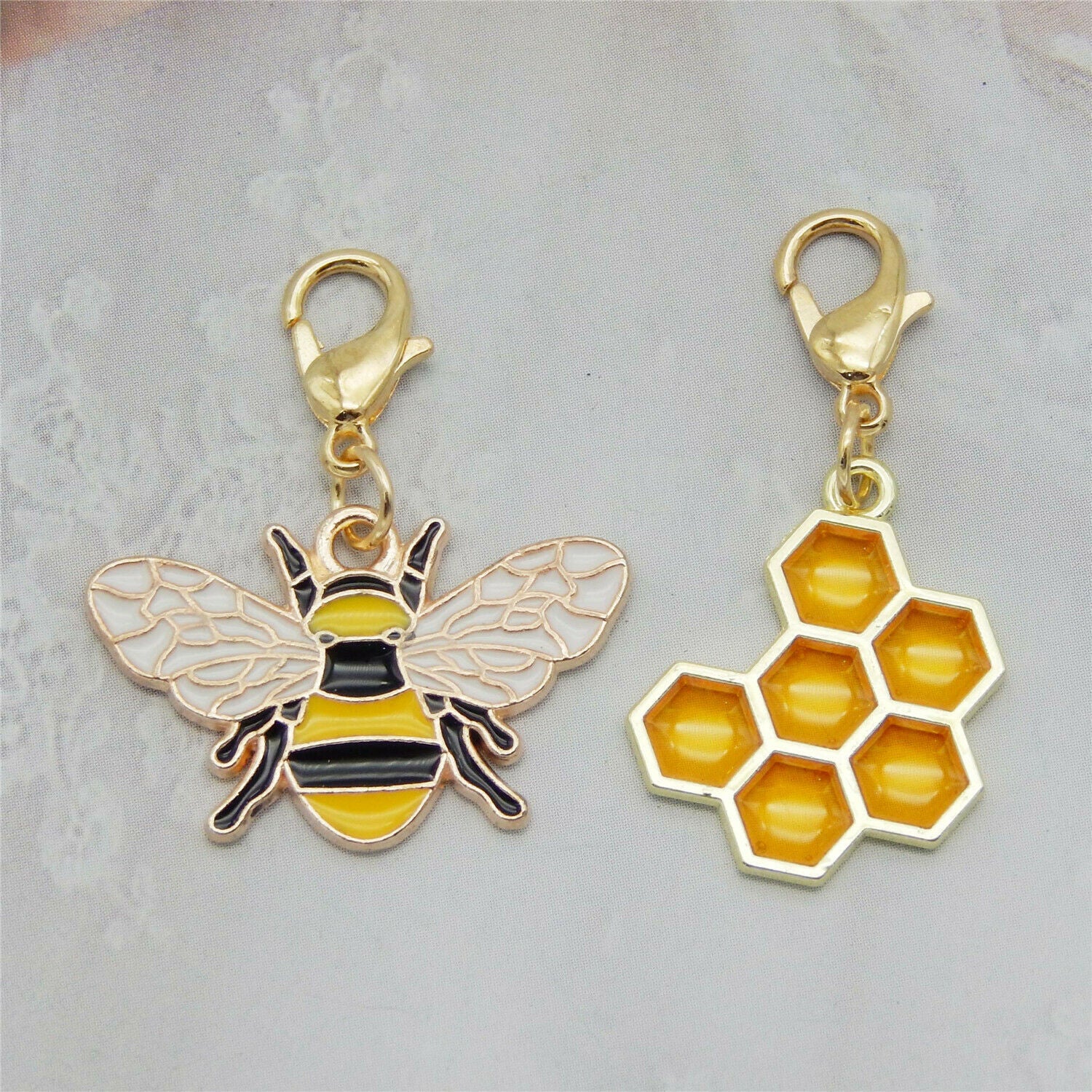 12 PCS Bulk Mini Golden Alloy Bee Charm Enamel Honeycomb Lobster Clasp Pendant
