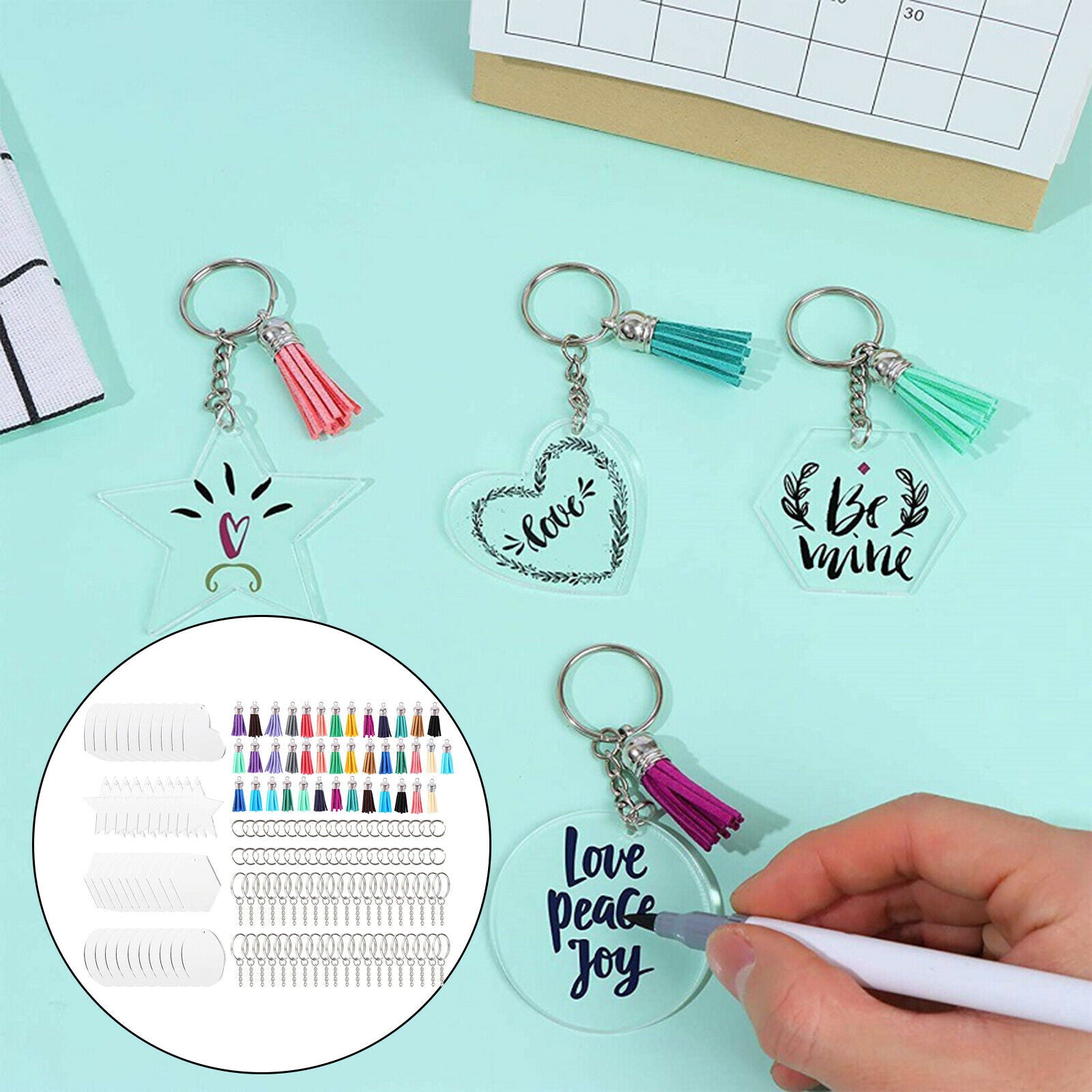 Keychain Blanks Transparent Acrylic Clear Discs Tassel Pendant Kit for DIY