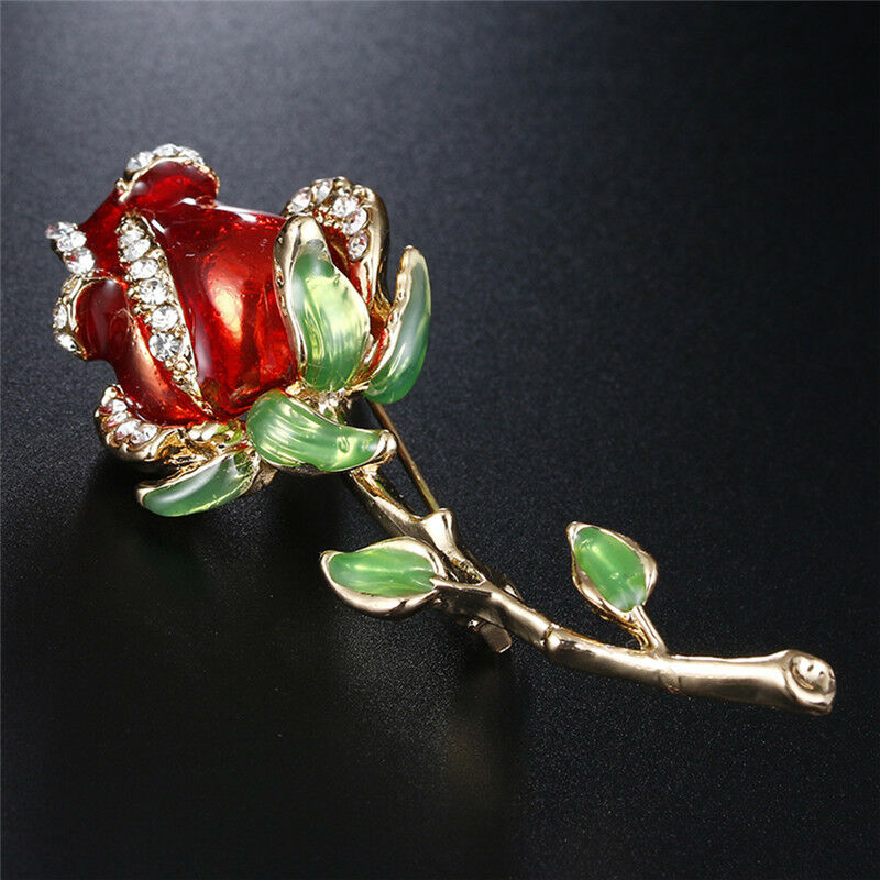 Rhinestone Enamel Red Rose BroochPin Flower Bouquet Brooch Wedding BridalGift Qx