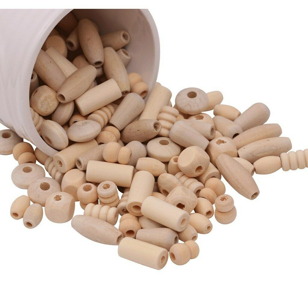 120pc Assorted Shapes Wooden Beads Plain Natural Wood Handmade Jewelry Craft