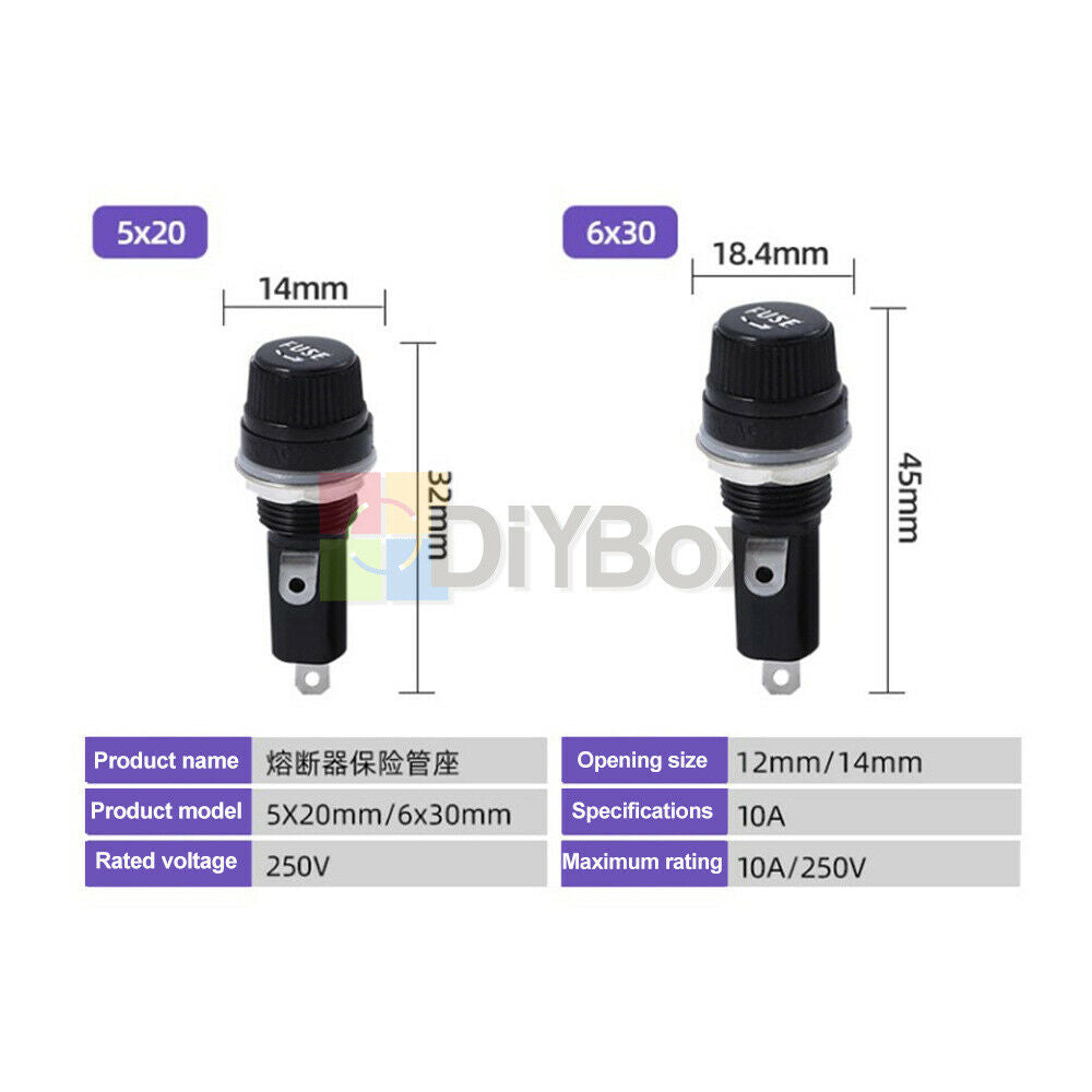 5PC 12V-24V Panel Mounted Screw Glass 6x30mm Fuse Holder Bolt-On Car/Truck/Boat