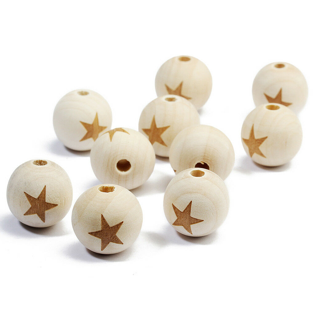 20pcs Star Printed Unfinished Wood Round Wooden Beads for DIY Crafts 20mm