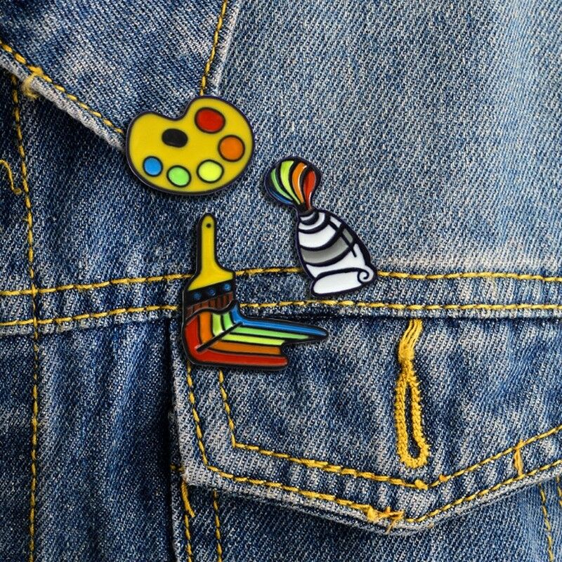 3PCS RAINBOW ENAMEL PAINTER'S PALETTE BRUSHES BROOCHES PINS ARTIST GIFT JEWELRY