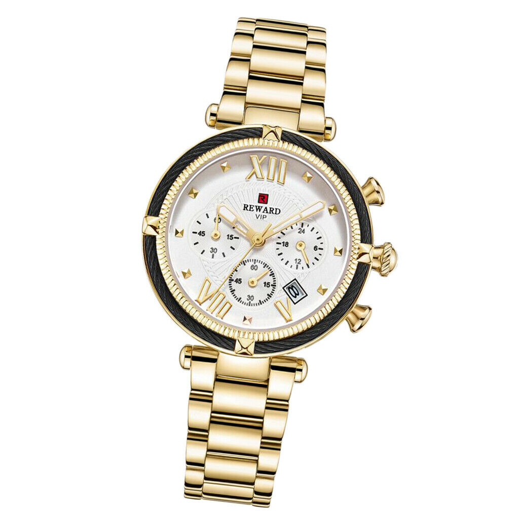 Women Chronograph Quartz Movement Watch Wristwatch Jewelry Golden