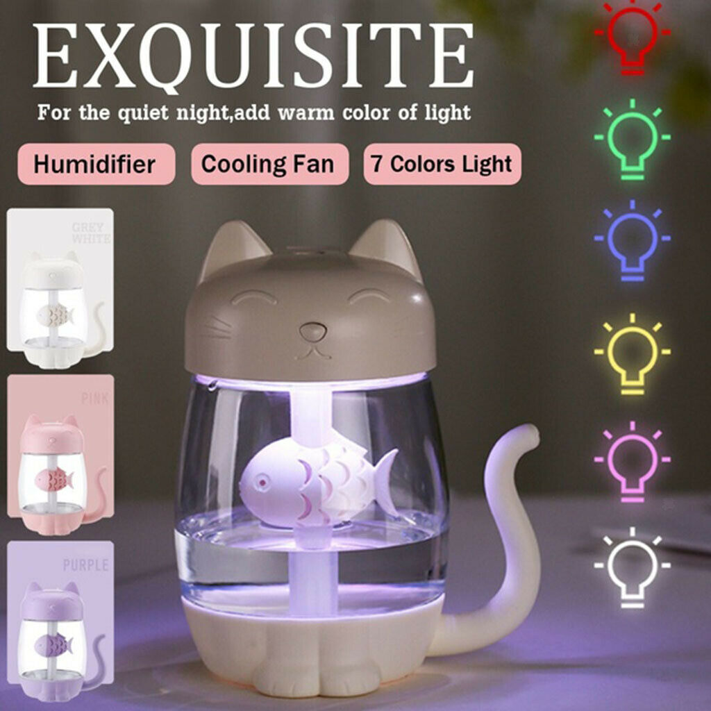 Pack of 2 3 in 1 Cat Humidifier Fan LED Light for Office Desk White+Blue