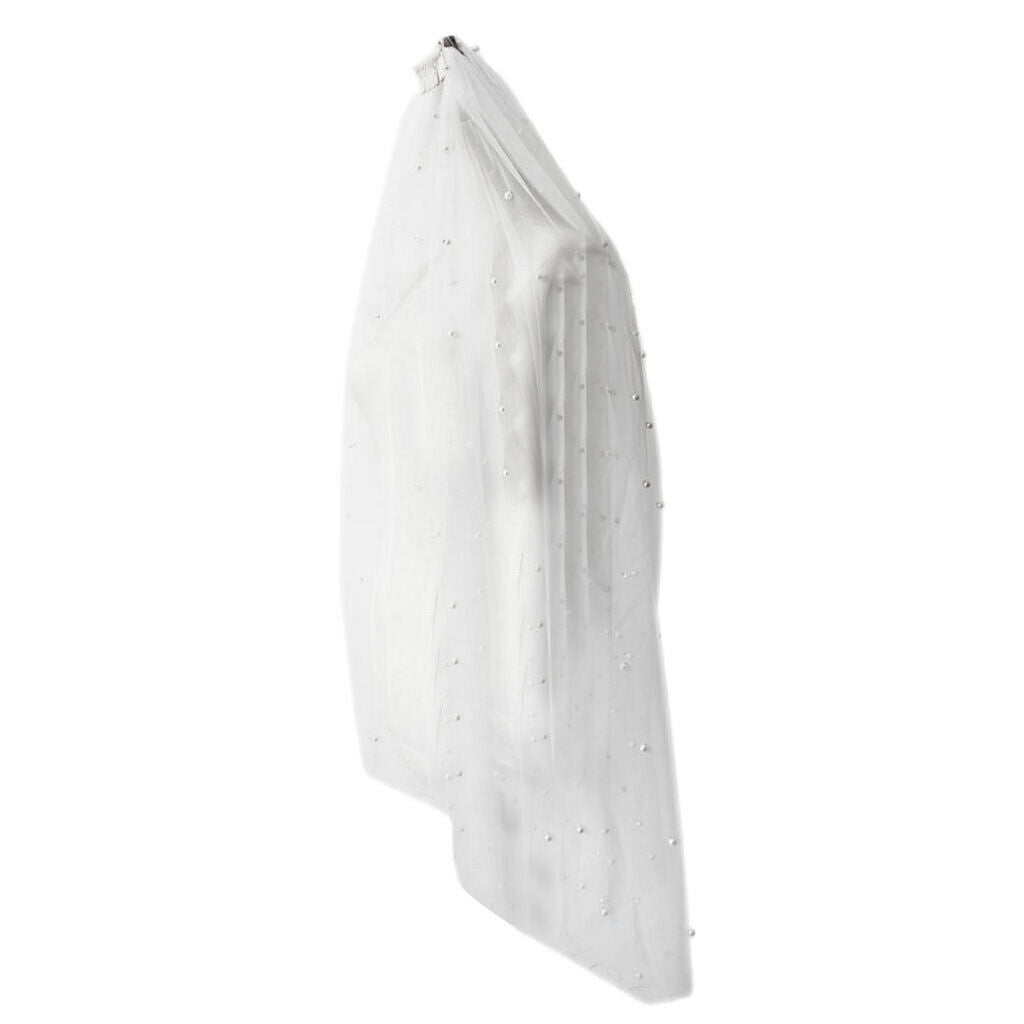 White Cathedral Length Soft Lace Wedding Bridal Veil Long Trail Pearls Decor
