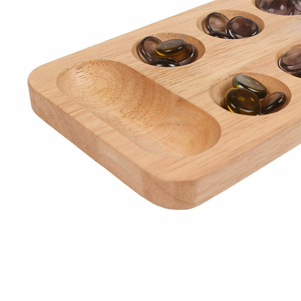 Portable Classic Wooden Mancala Board Game w/ 48 Glass Stones Set Strategy Game