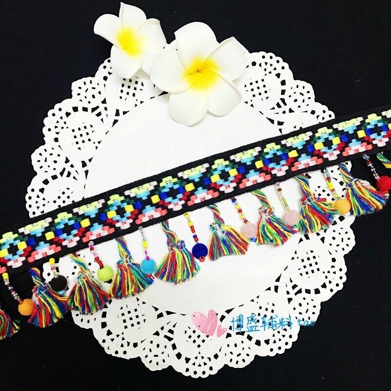 New Ethnic Trimming Boho Bohemian Tassel Fringe Beaded Pom Pom Edging DIY Sewing
