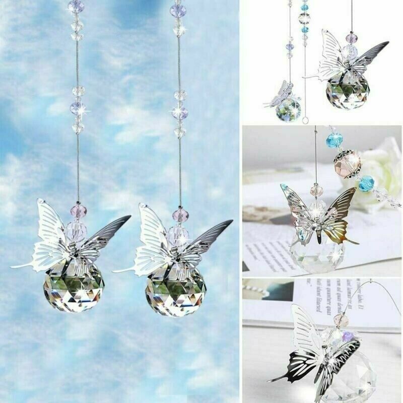 Crystal Prisms Ball Suncatcher Butterfly Hanging Ornament Home Car Pendant Decor