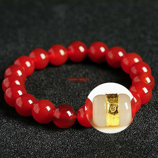 Certified Natural Red Agate Hetian White Jade Bead Bangle Bracelet Bead Dia.10mm