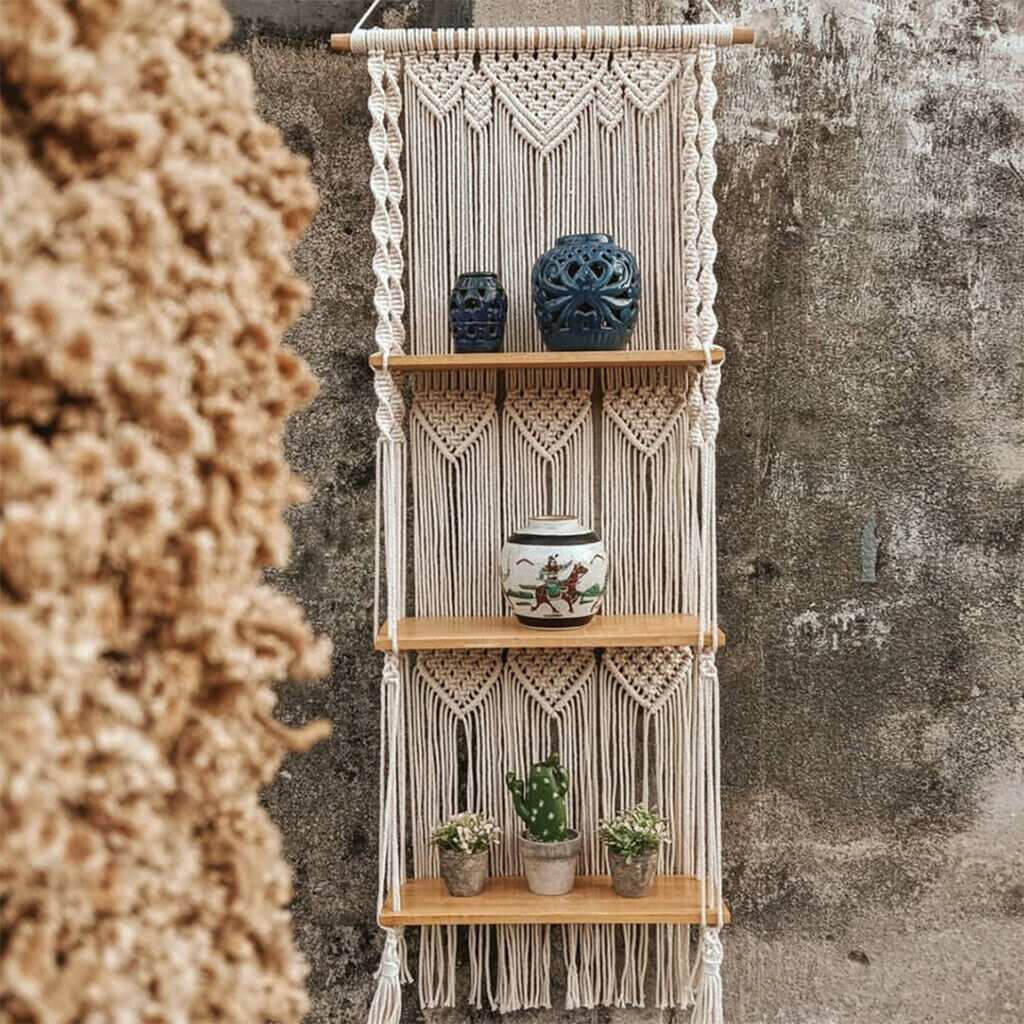 Handwoven Tapestry Macrame Wall Hanging Shelf Decor 3 Tiers Home Storage