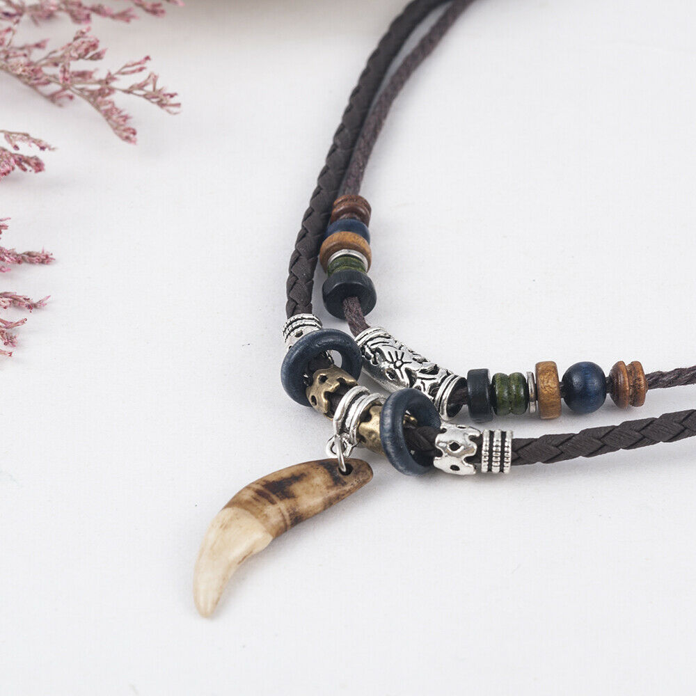 Men's Boho Amulet Wolf Tooth Pendant Beaded Weaved Rope Necklace Jewelry Gift