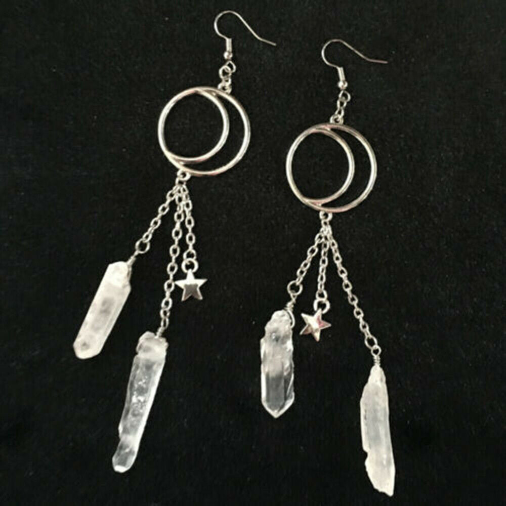 Clear Quartz Crystal Jewelry Hexagonal Pillar Chain Star Moon Ear Hook Earrings