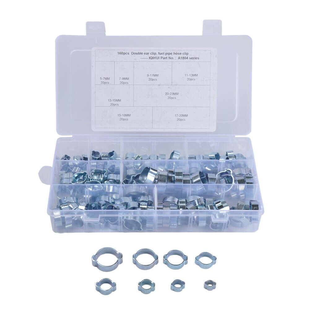 8 Kind of DOUBLE EAR HOSE CLAMP O CLIPS 160pcs W/ STORAGE BOX