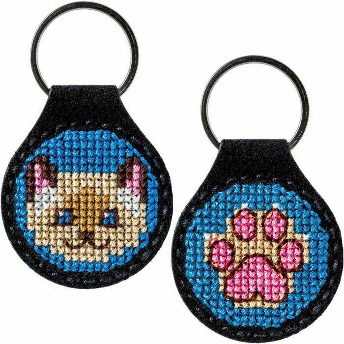 Cat Paw DIY Cross Stitch Embroidery Keychain Key Holder Kit With Cotton Mouli...