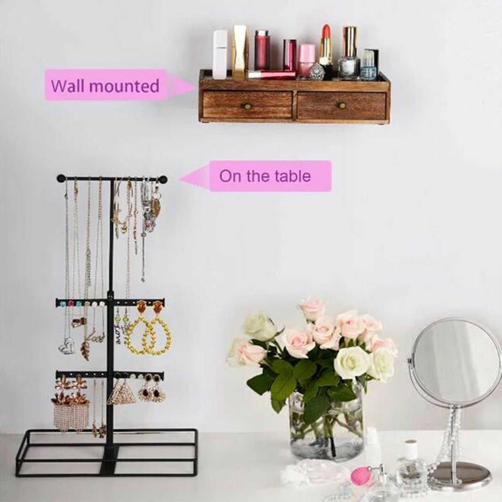 Metal & Wood 3 Tier Jewelry Stand  with Wooden Drawer Storage Box