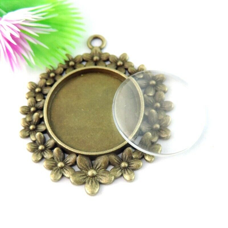 3 sets Retro Bronze Floral Bezel Frame with Glass Round 25mm Photo Art Pendant