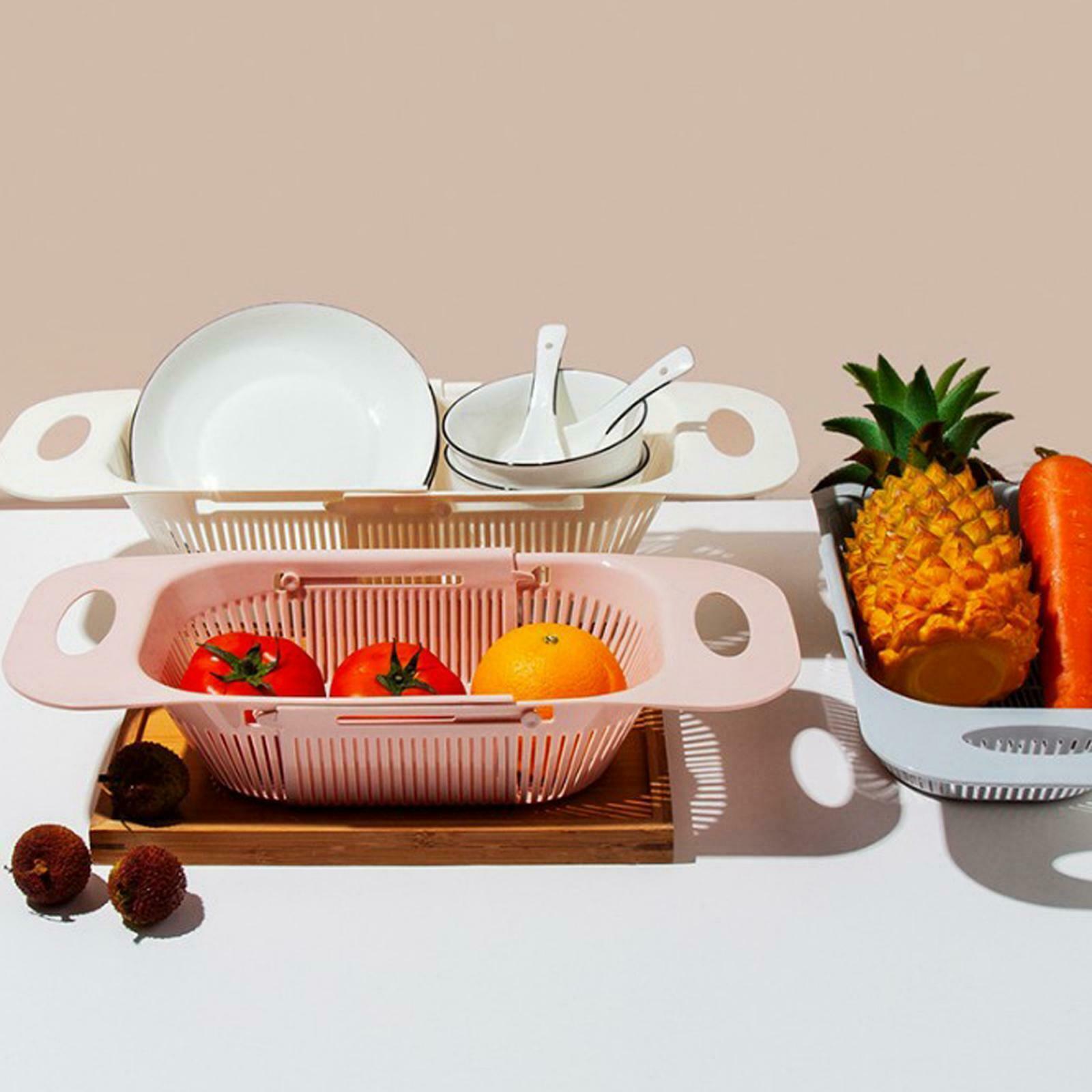 Over The Sink Colander Strainer Basket Wash Vegetable Fruit Extendable Pink