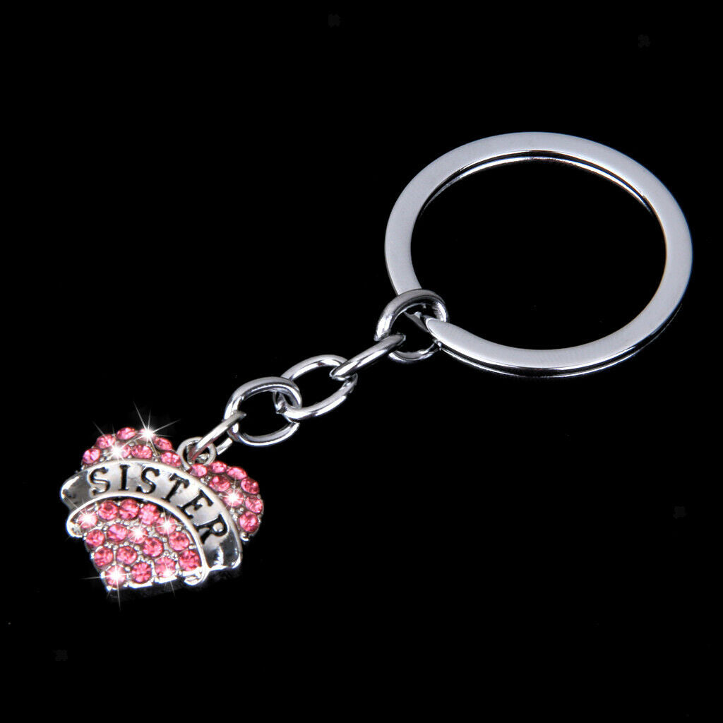 2x Pink Diamante Crystal Heart Pendant Sister Keychain Key Chain Xmas Ring Gift