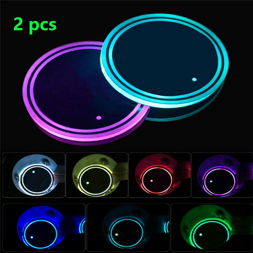 2Pcs Colorful LED Car Cup Holder Pad Mat for Car Interior Atmosphere Lamp Lights