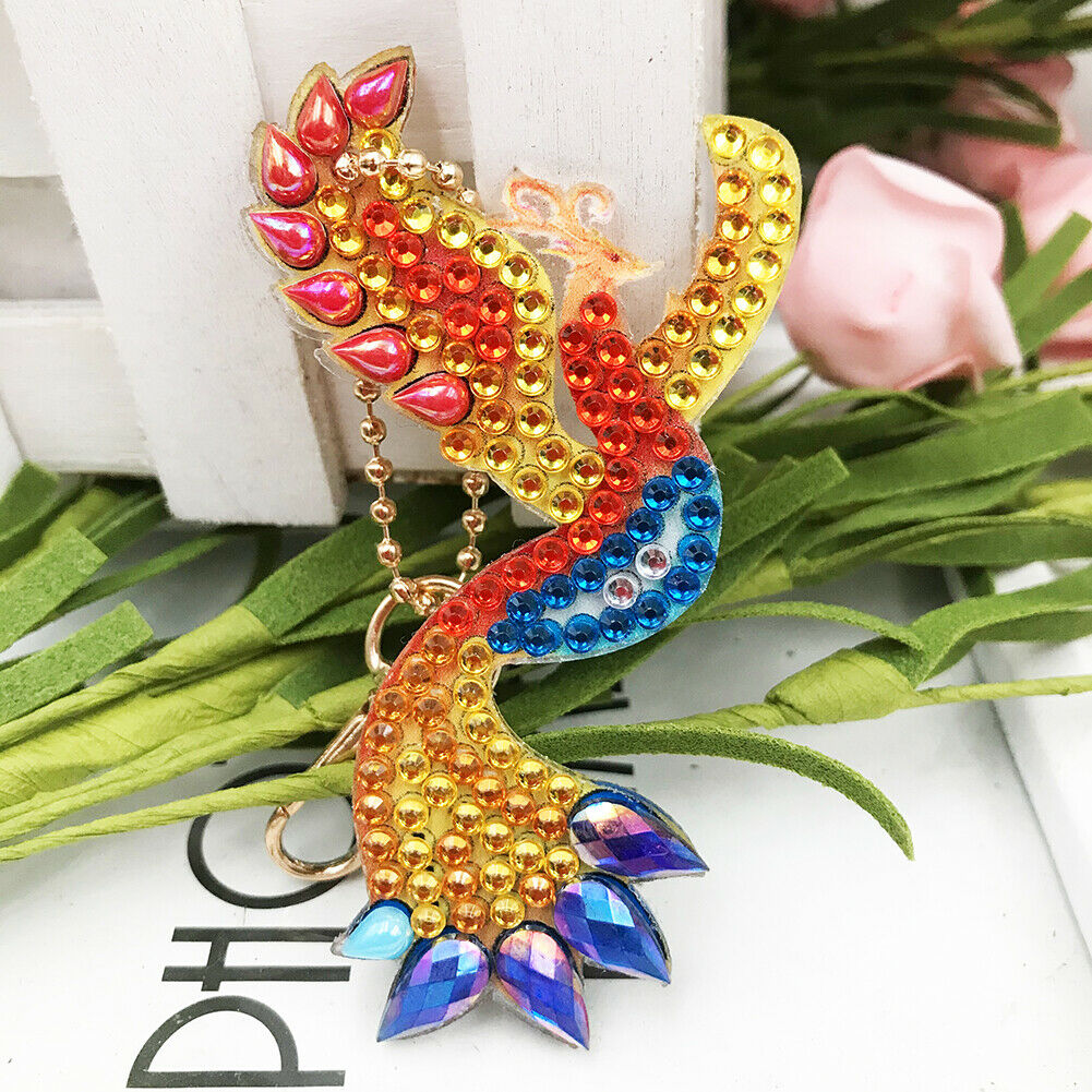 Keyring Full Drill Diamond Key Chain 4pcs DIY Phenix Pendant Embroidery Keyrin @