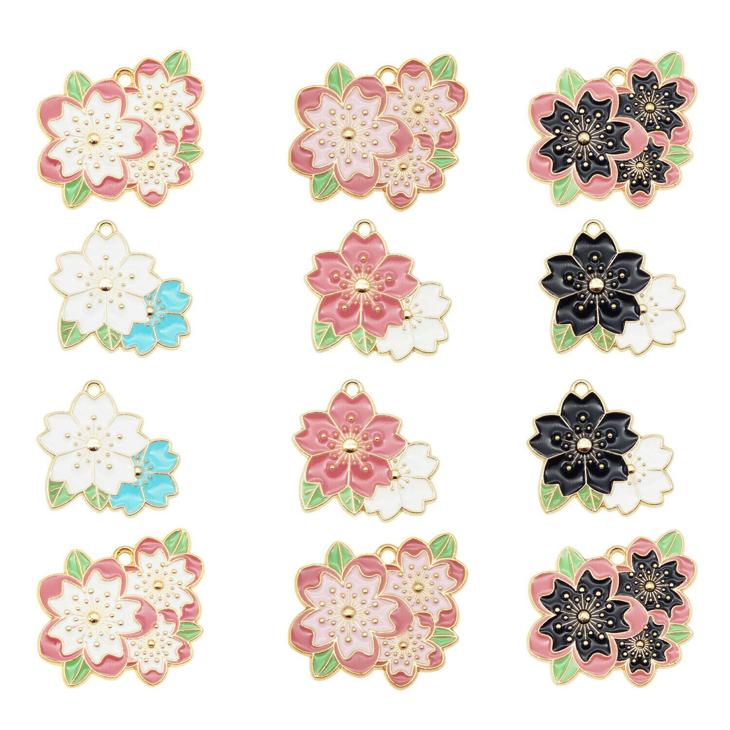 6 PCS Assorted Cheery Blossom Enamel Charm Flower Sakura Pendant Jewelry 25-32mm