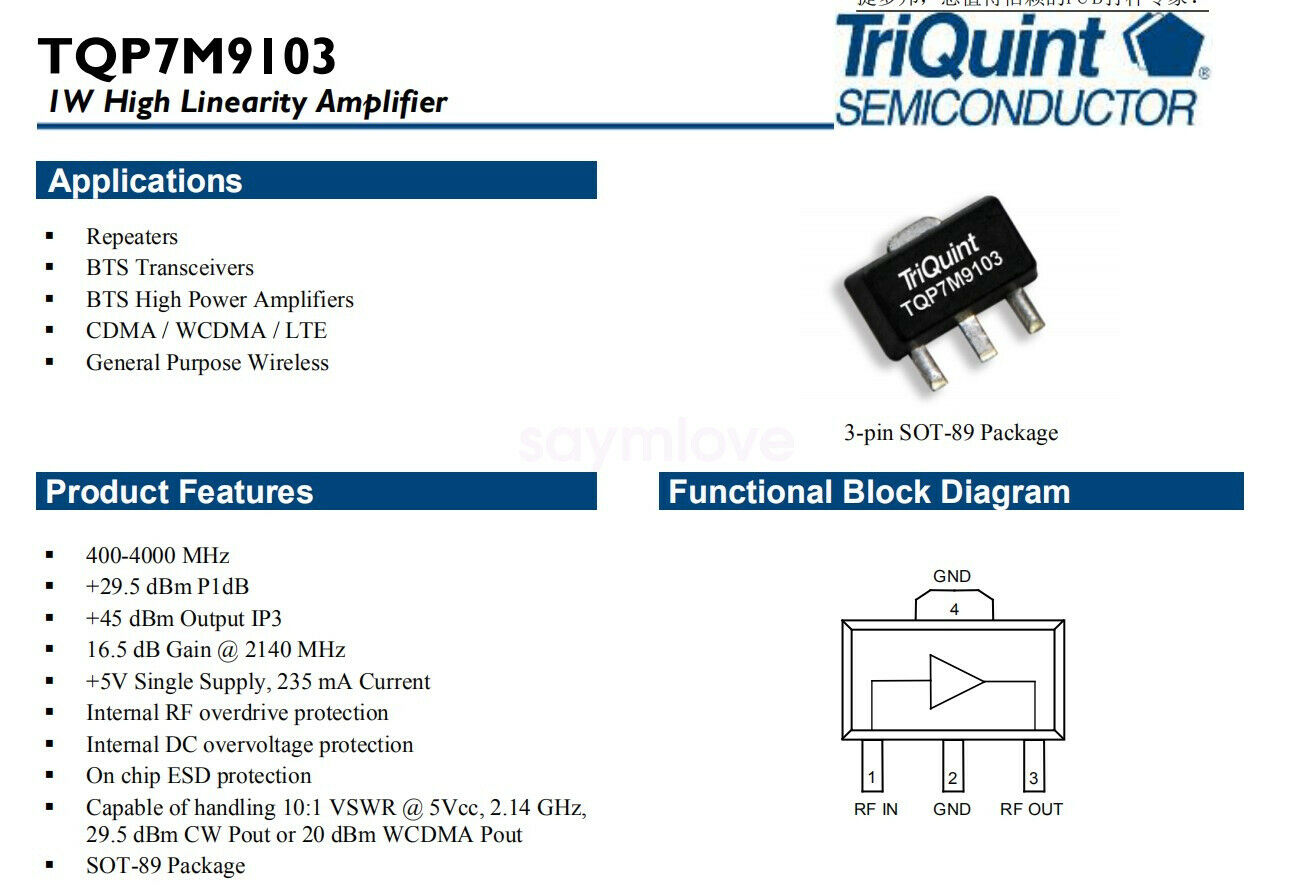 New TQP7M9103 1GHz 1W RF Linear Power Amplifier 17dB Gain