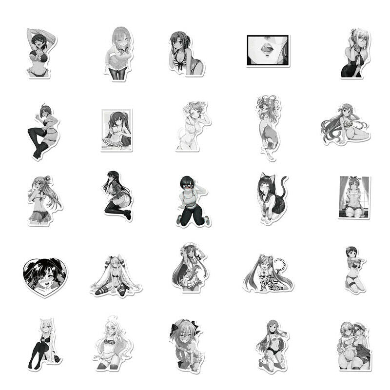 50PC Black and White Anime Sexy Girl Graffiti Laptop Guitar Water Cup PVCSticker