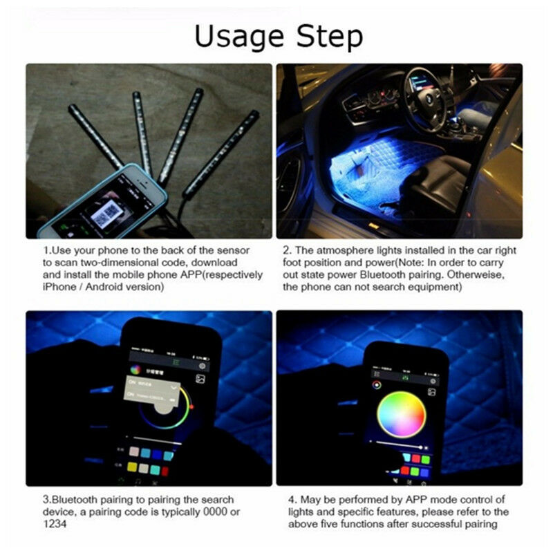 4 x 9LED APP Control Colorful RGB Car Interior Floor Atmosphere Light Strip BDAU