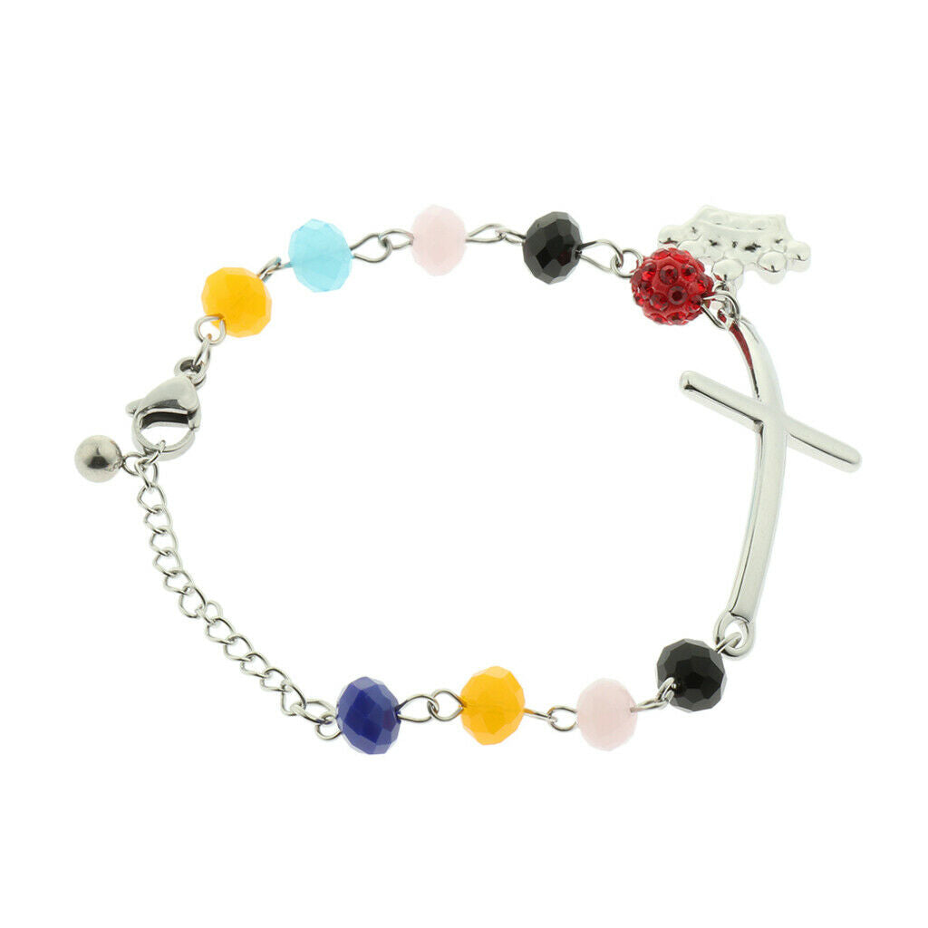 Women Cross Bracelet Crown Crux Colorful Beads Pendant Adjustable Length