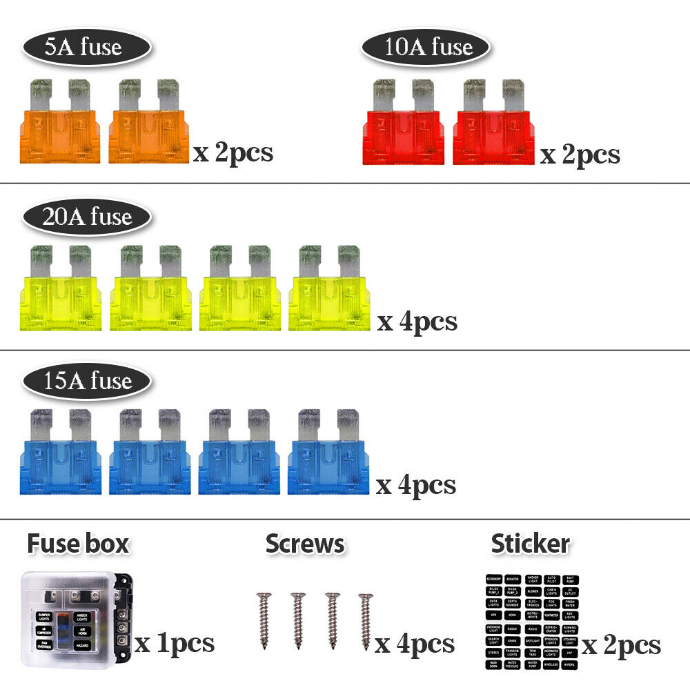 6-Way Auto Blade Fuse Holder Box Block with LED Indicator for 12V 24V Car Marine