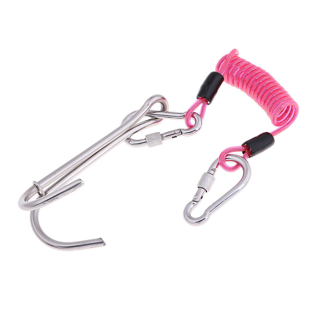 Scuba Diving Stainless Steel Dual Reef Hook & Coil Lanyard Carabiner Pink