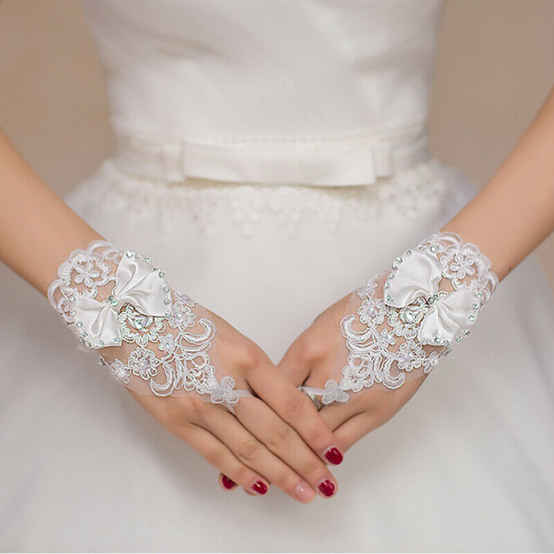 Short Lace Floral Rhinestone Bowknot Fingerless Wedding Party Bridal Glov.l8