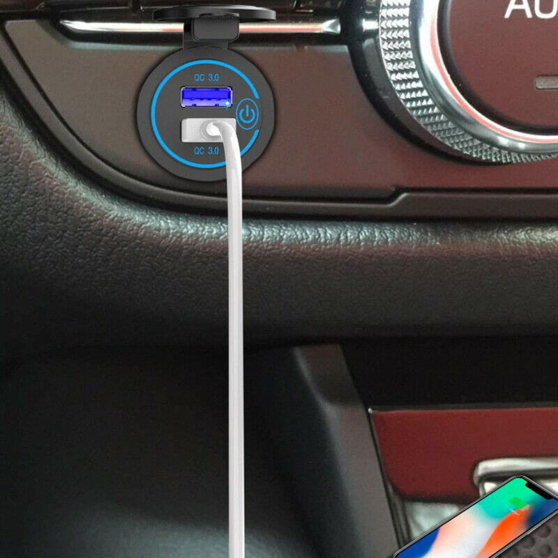 QC3.0 Fast Charging Car Motorcycle Touch Switch Charger Socket Dual USB Port Kit