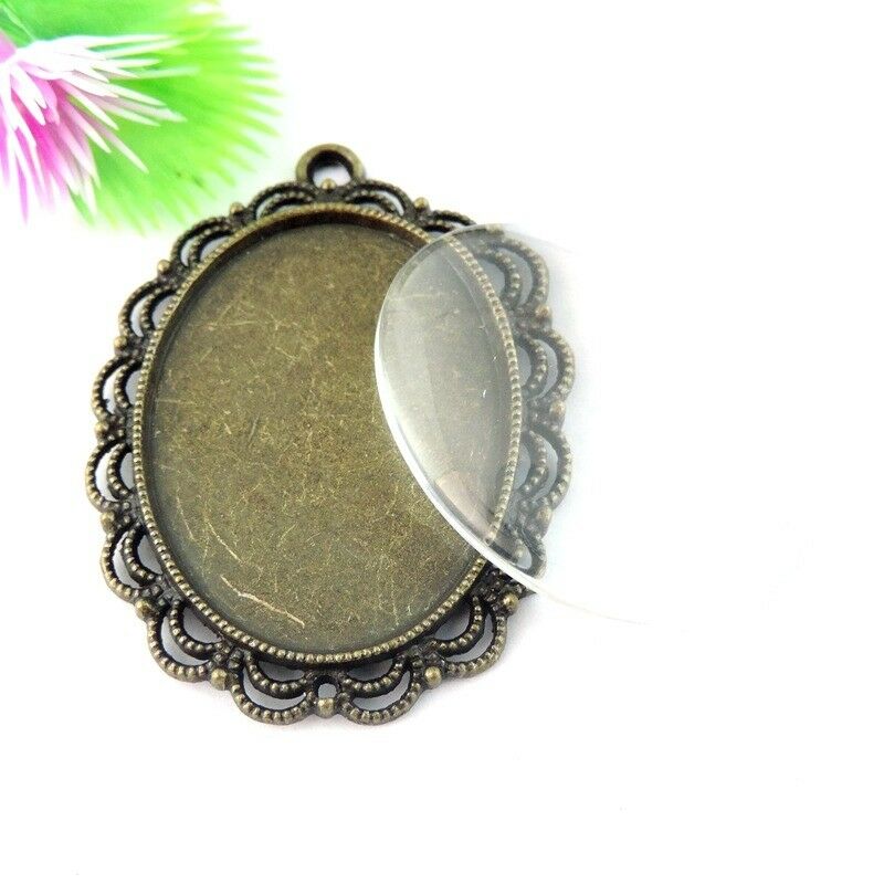 3 sets Retro Bronze Base Setting with Glass Oval 40x30mm Lace Bezel Pendant DIY