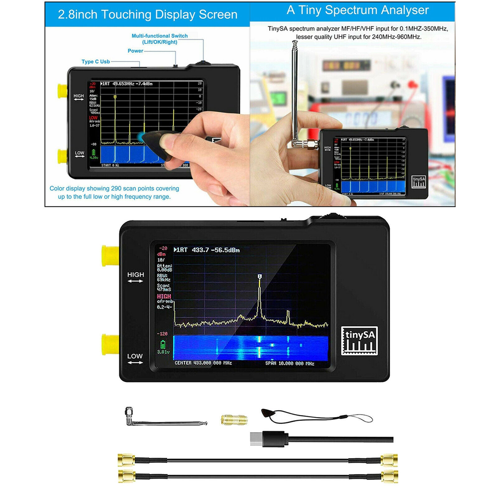 Handheld Spectrum Analyzer 2.8" Touchscreen MF/HF/VHF UHF Input w/ Antenna
