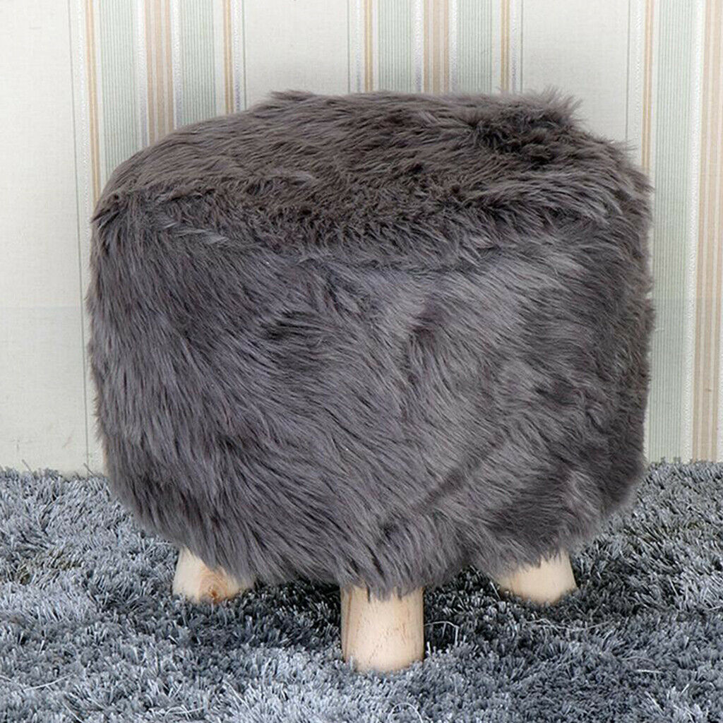 Soft Furry Round Footrest Stool Slip- Cover for Living Room 35cm Dia. Grey