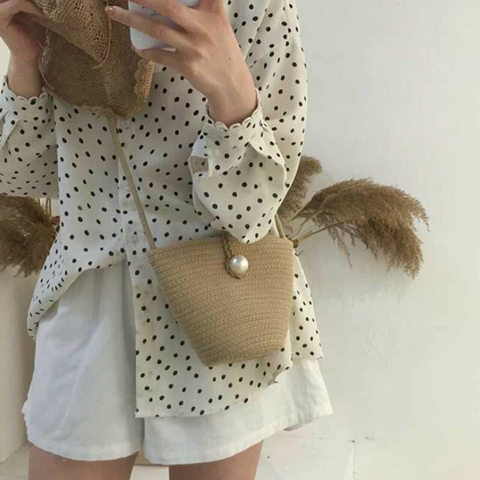Women Straw Shoulder Bag Beach Rattan Handbag Vocation Handwoven Woven Tote