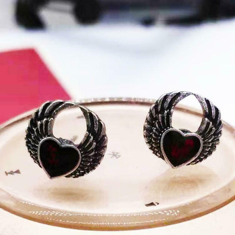 Retro Red Heart Wing Stud Earrings Gothic Red Blood Heart Earrings for Women