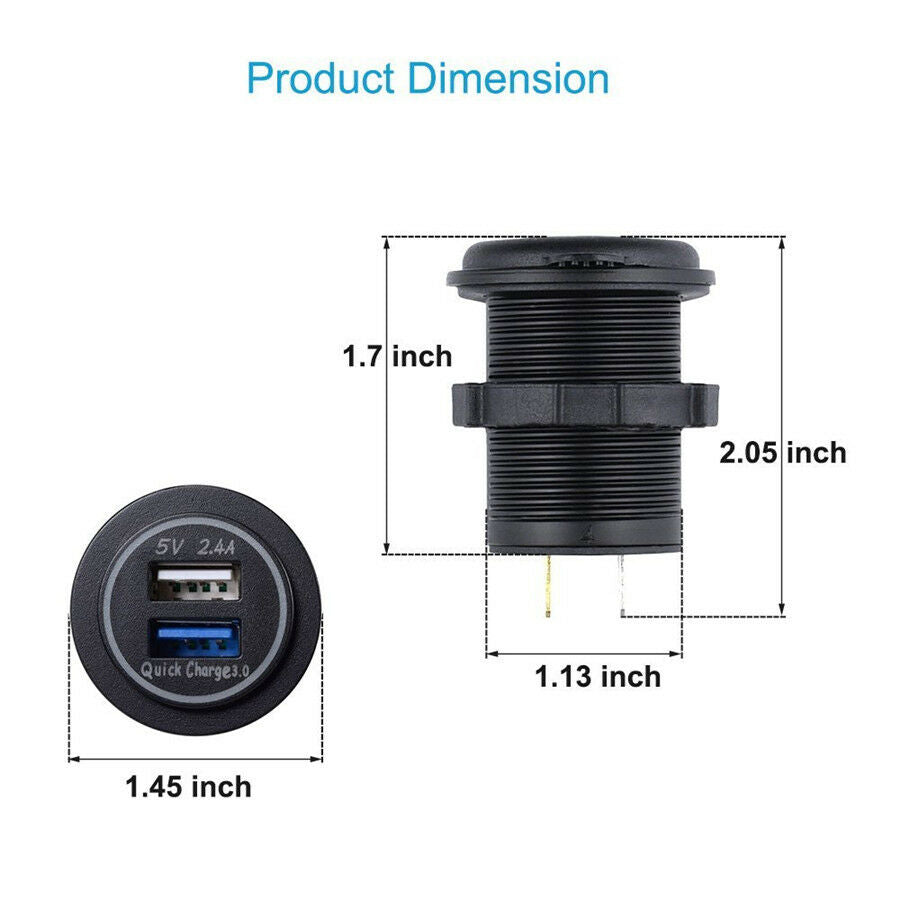 Dual USB Quick Charger 3.0 Power Outlet 2.4A Blue Led Indicator for Car Boat