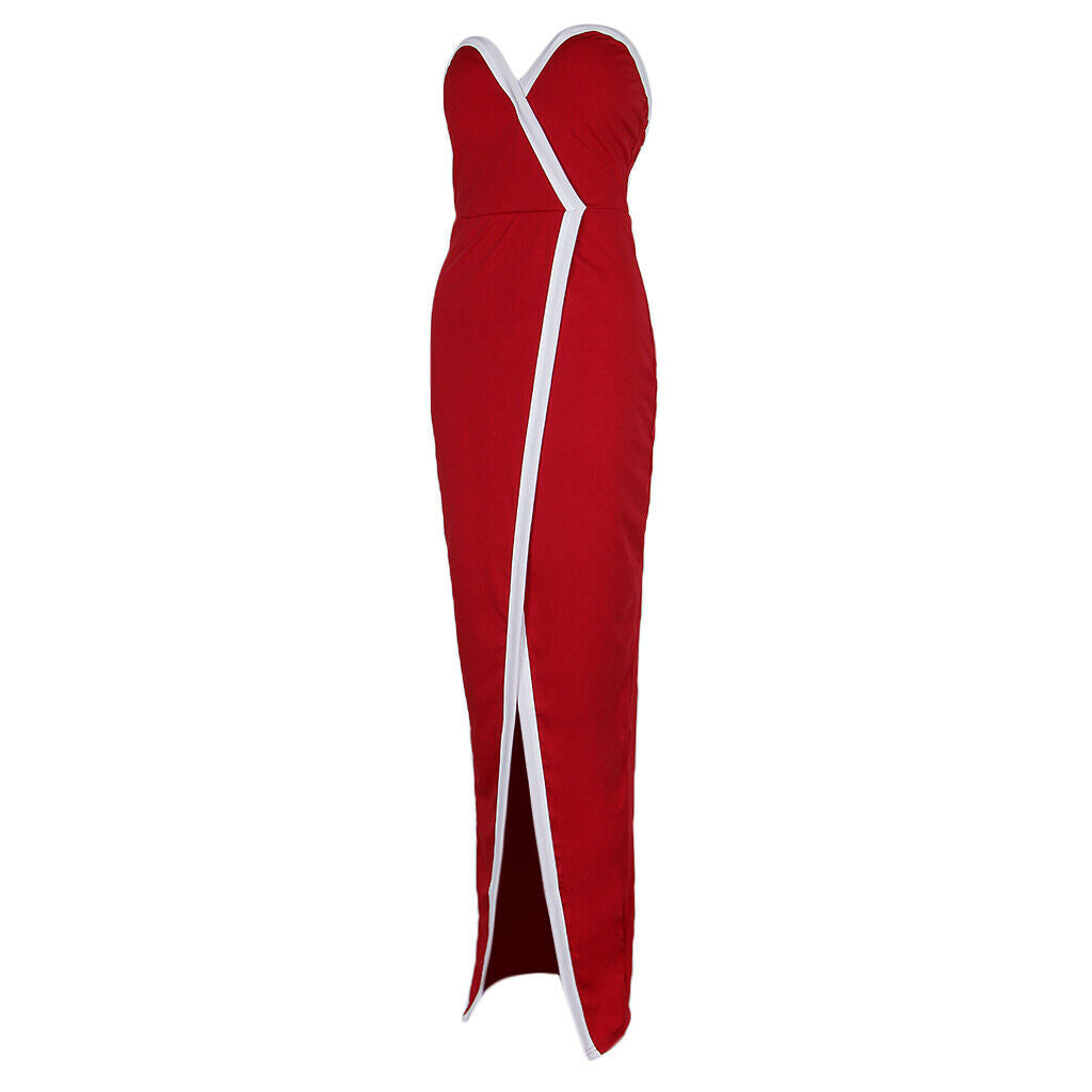 Women Off Shoulder Front Split Stripe Bodycon Clubwear Party Dress S Red
