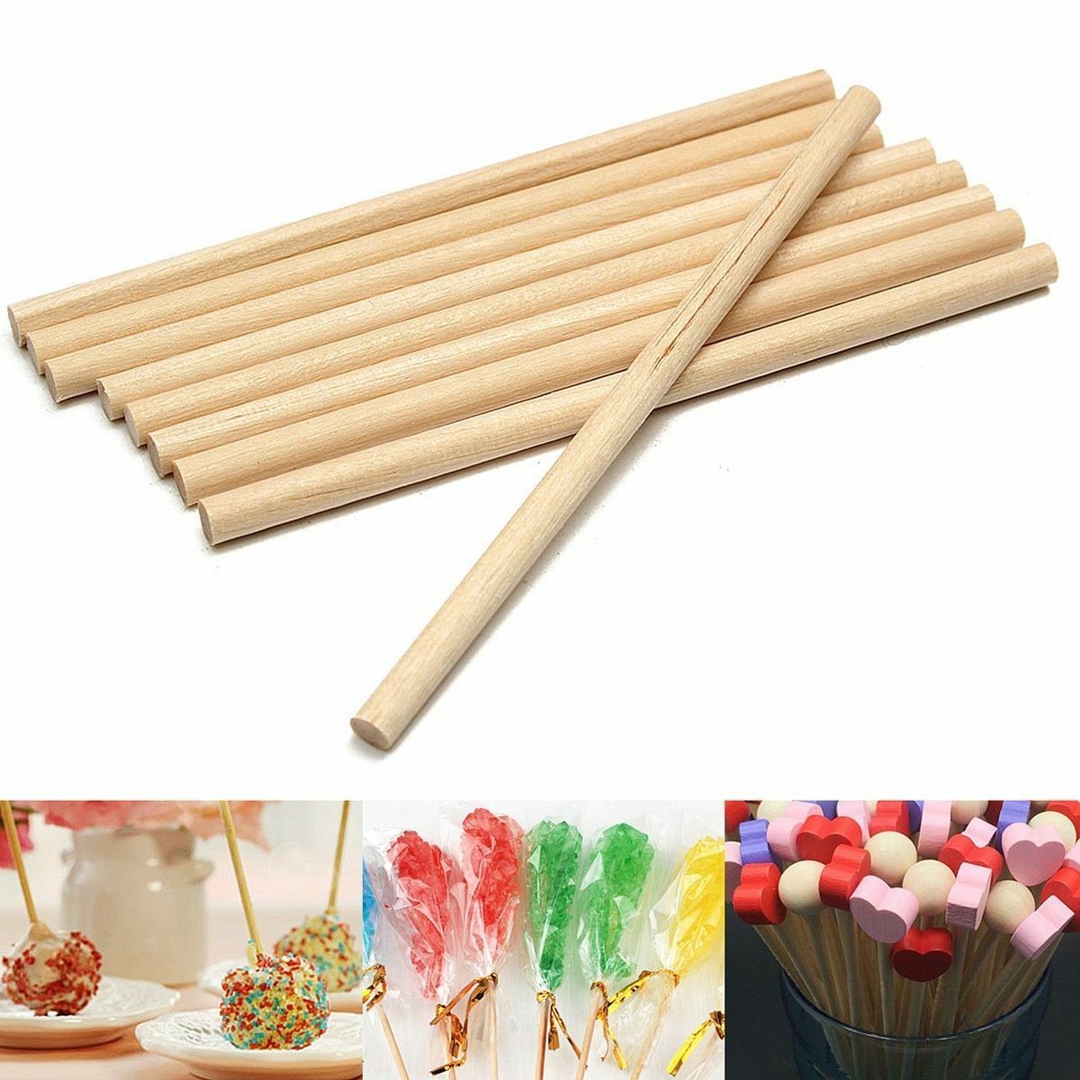 100Pcs 80mm Round Wooden Lollipop Lolly Sticks Cake Dowels For DIY Food Crafts